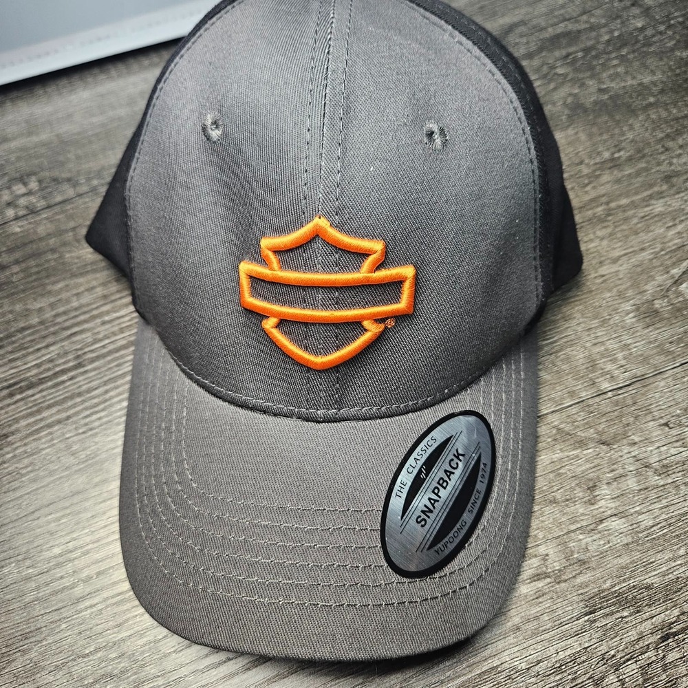 Harley-Davidson Bar and Shield Snapback Hat Gray Black Orange Yupoong Classics